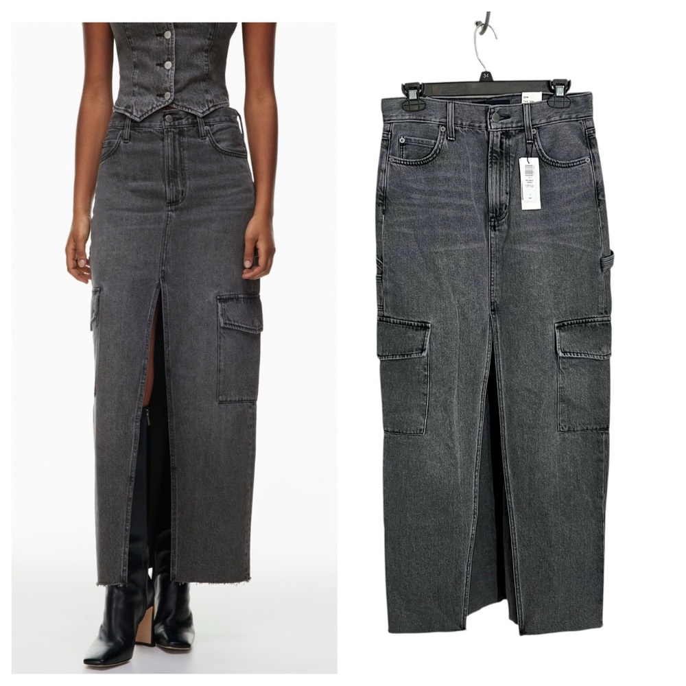 NWT Aritzia Denim Forum the 90s maxi cargo jean skirt washed black high slit 25